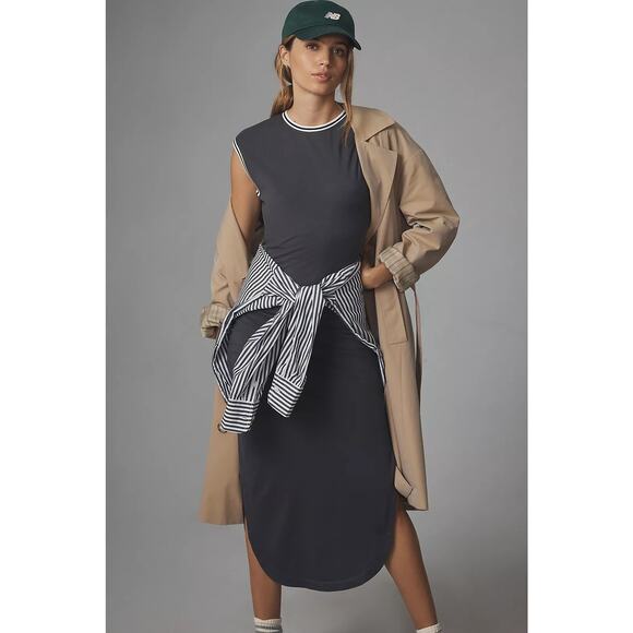 Anthropologie Daily Practice Stripe Trim Midi Dress Casual Sports Gray Small - Picture 1 of 9